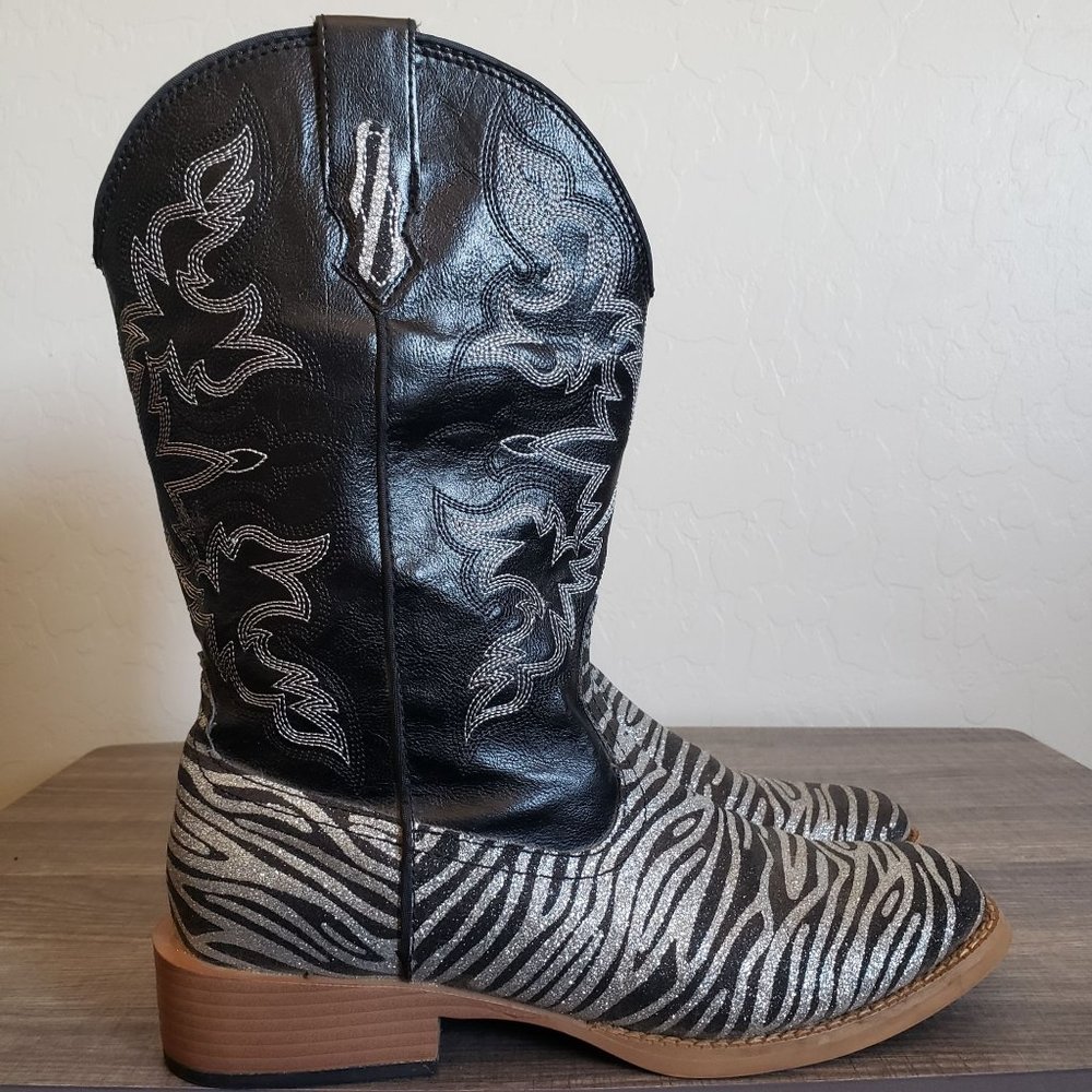 Roper Zebra Glitter Western Cowboy Boots Square Toe Black/Silver Size Womens 8.5